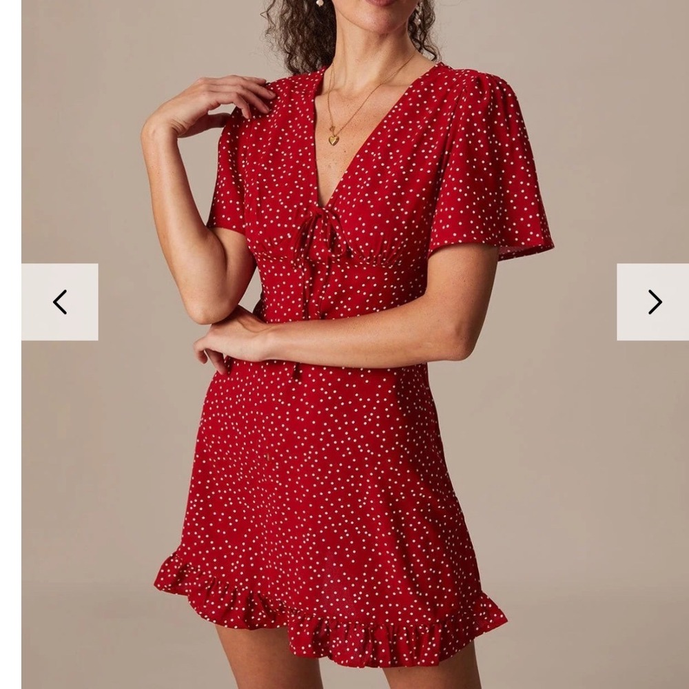 Rihoas Womens The Red V Neck Polka Dot Flounce Mini Dress Medium Flowy Summer - Picture 3 of 16